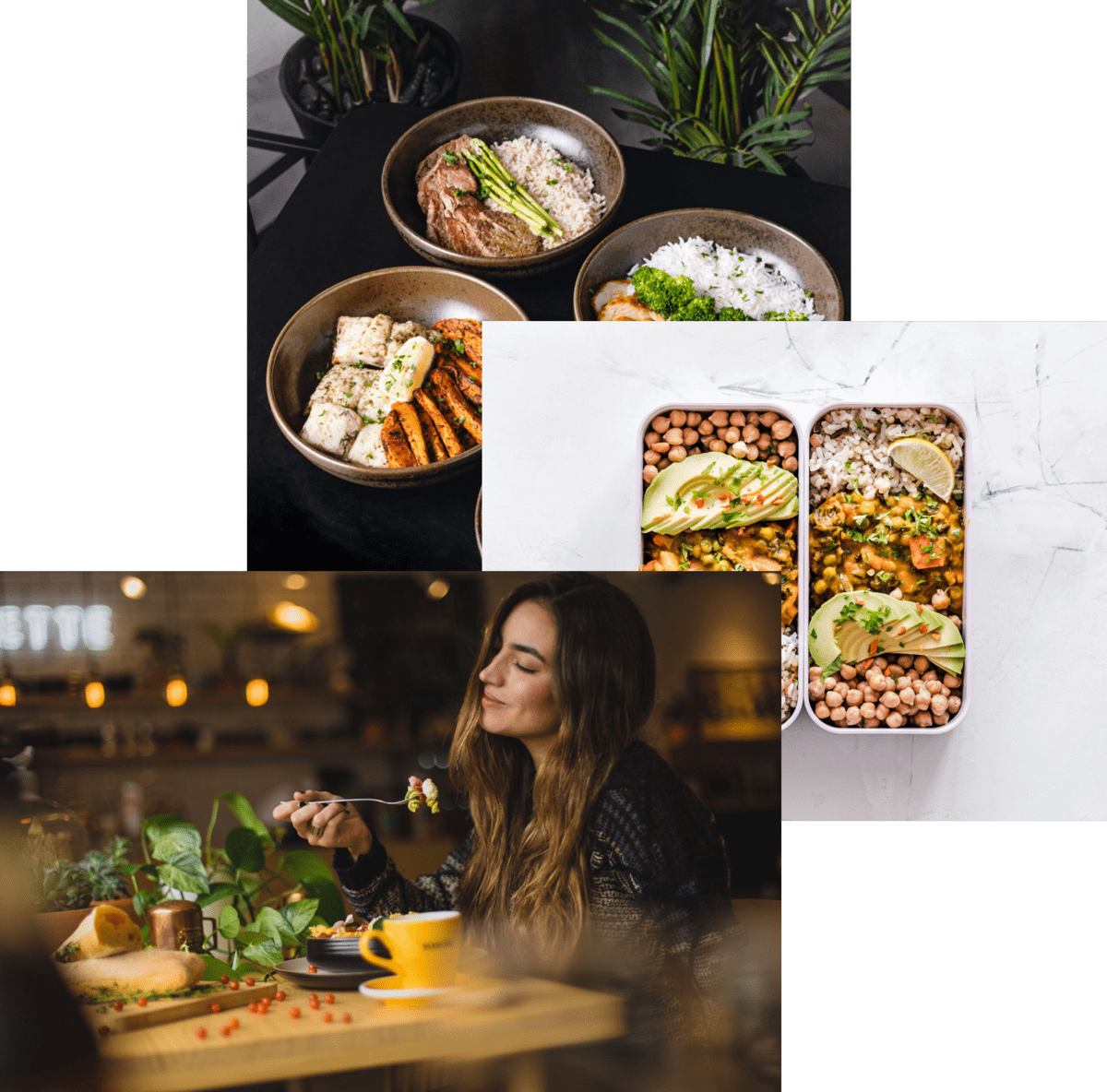 women enjoying food, meals in storage container,and food bowls on a table